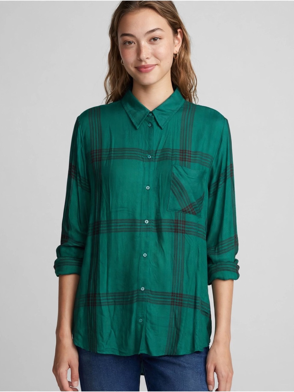 a.n.a Emerald Green Plaid Button-Down Shirt